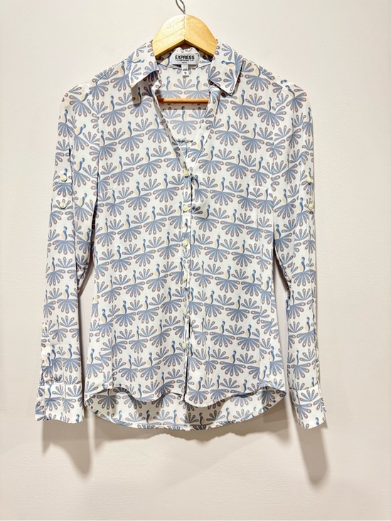 Express Tops - Express Portofino Slim Fit Peacock Bird Geometric Print Button Down Shirt Size S